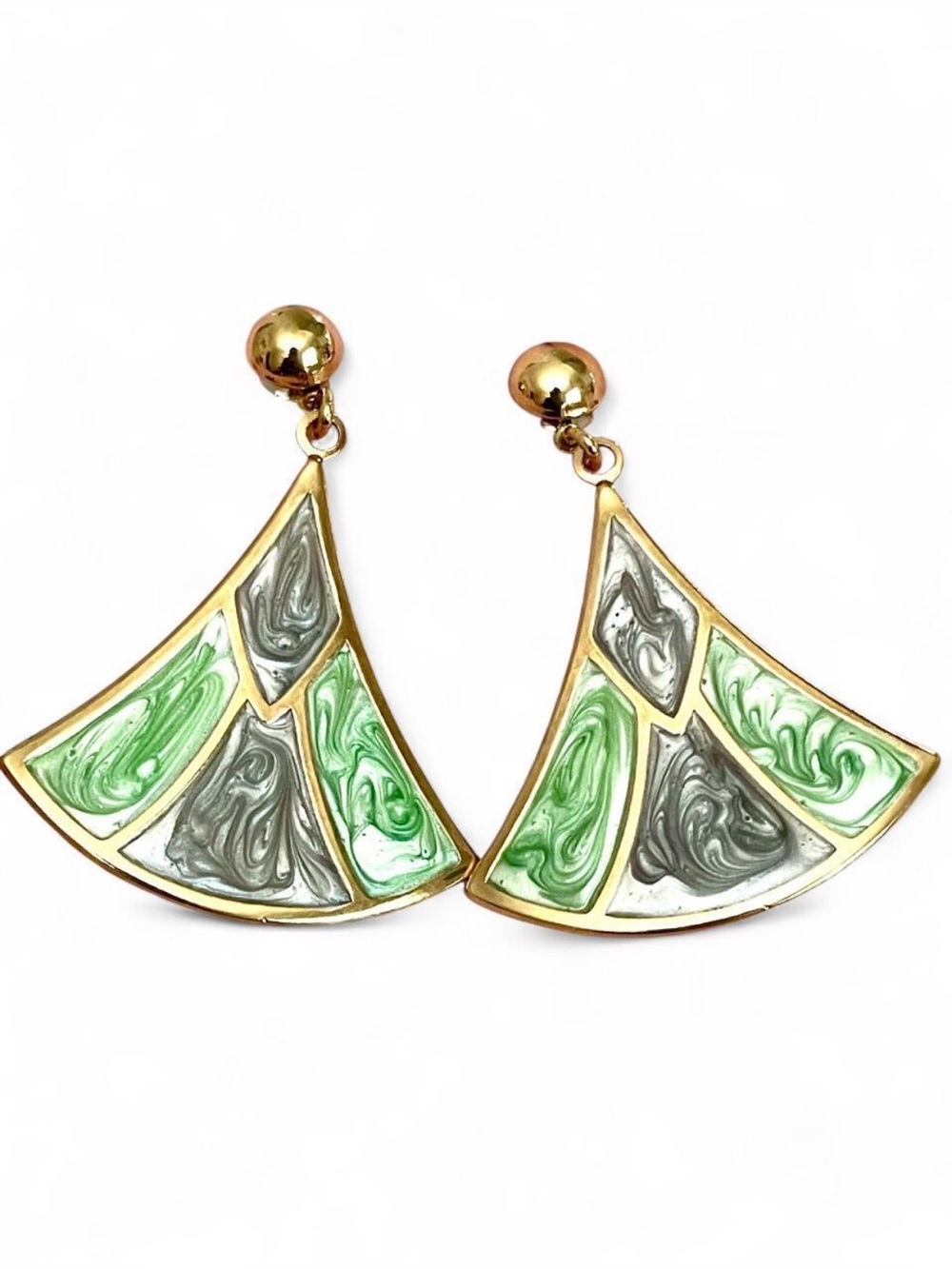 Vintage Green Gray Gold Marbled Swirl Enamel Fan Earrings Pearlescent Art Deco
